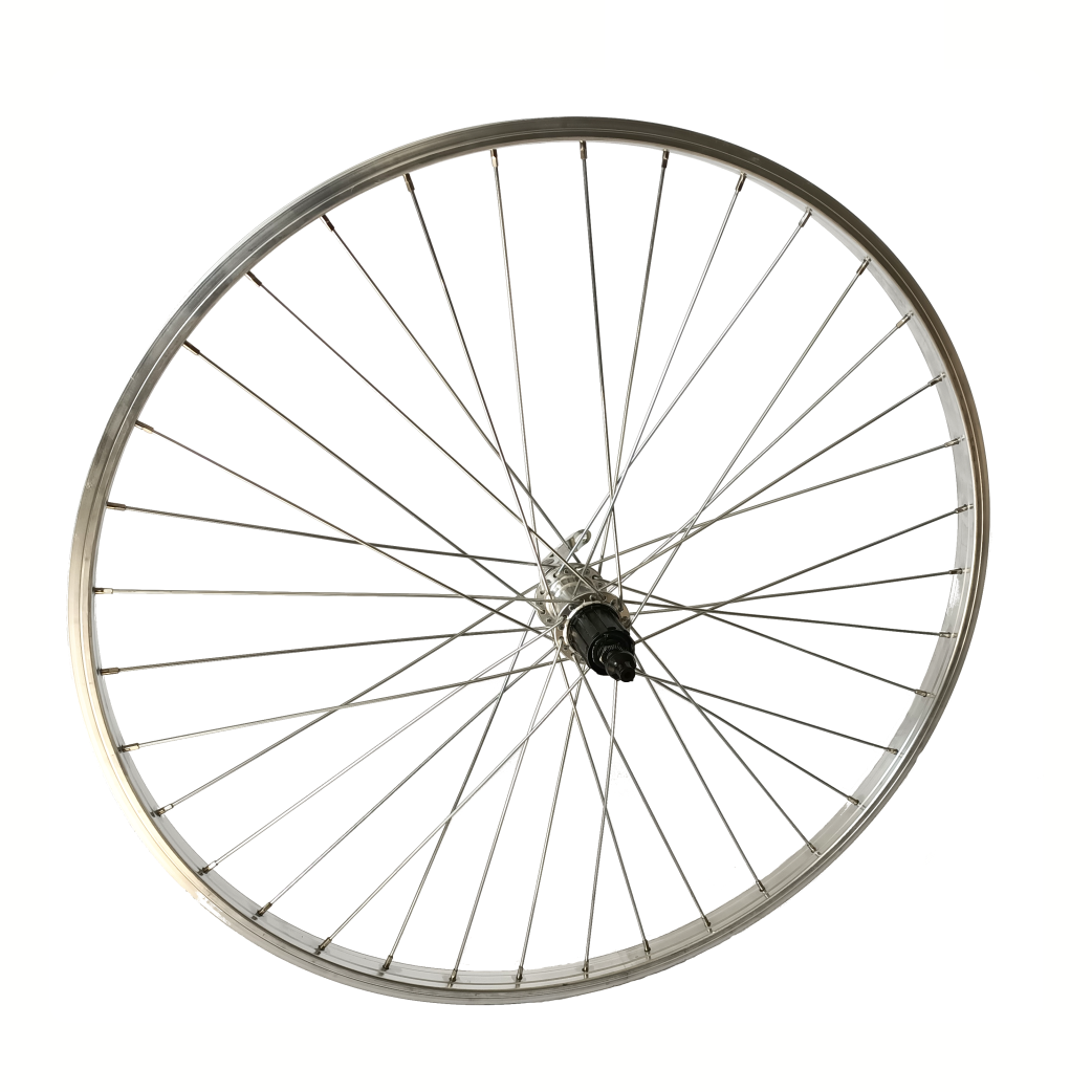 Rear wheel 28x1 5/8x1 3/8 aluminum rim silver. cassette dropout hub, 8/9/10 speed, spoke 14