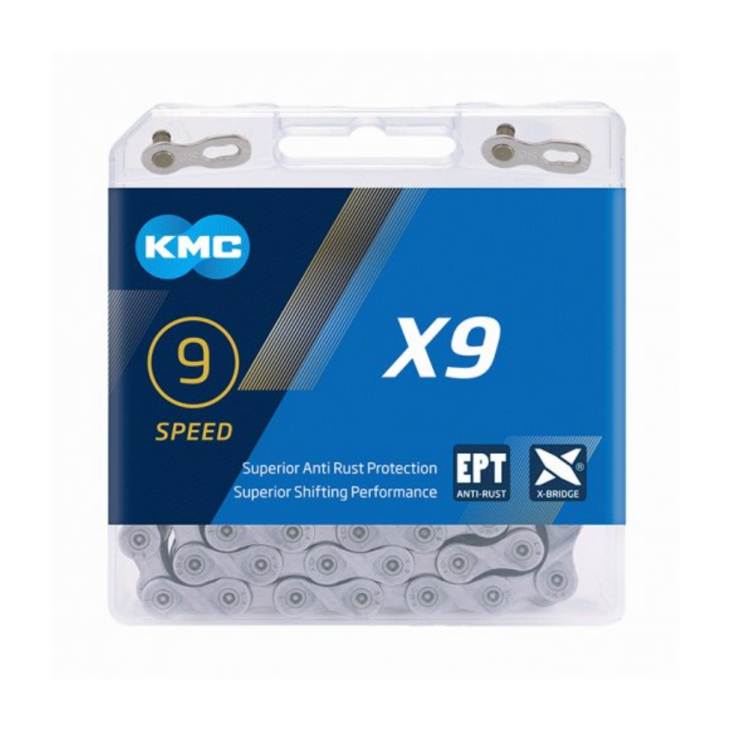 KMC chain X9 EPT dark silver 1/2x1128, anti-rust, 9-speed.