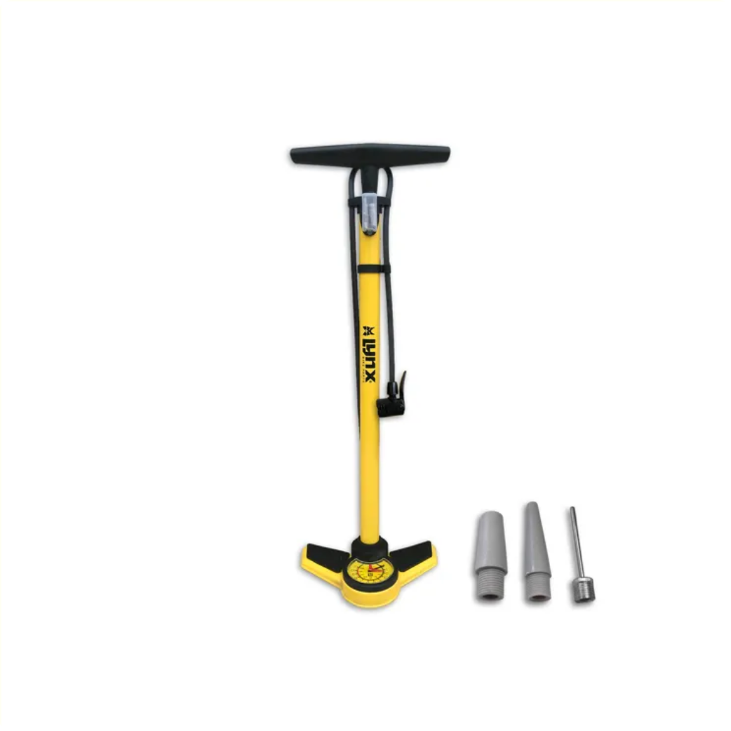 Cyclone with pressure gauge, Steel tube, plastic foot. Fits car, Dunlop and French valve. Supplied with ball and air mattress nipple