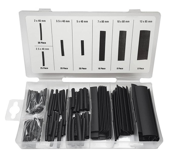 Heat shrink tube assortment black, 127 pieces in storage box.