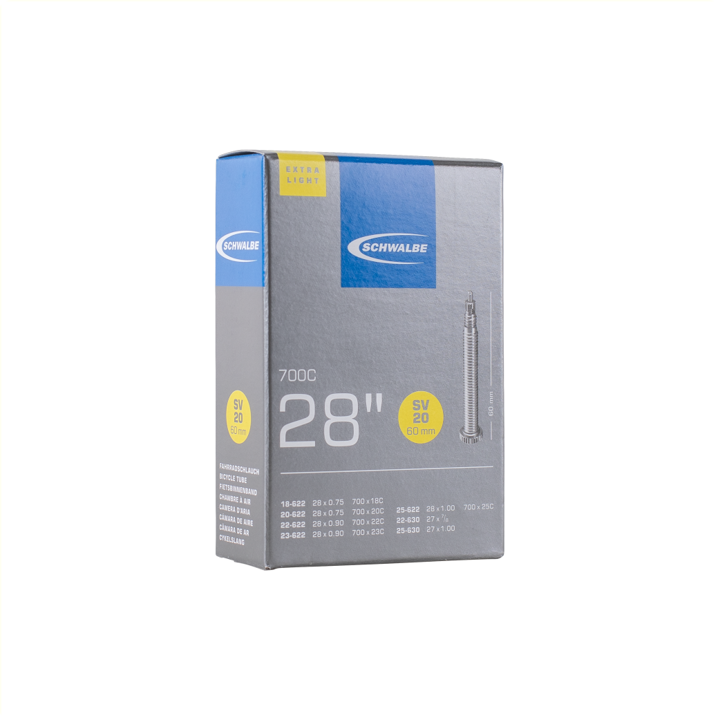 Schwalbe Inner Tube xtra light 28x3/4-1.00, 27/28-1.00 ETRTO 18/25-622, 22/25-630, Presta/ Frans SV20 60mm